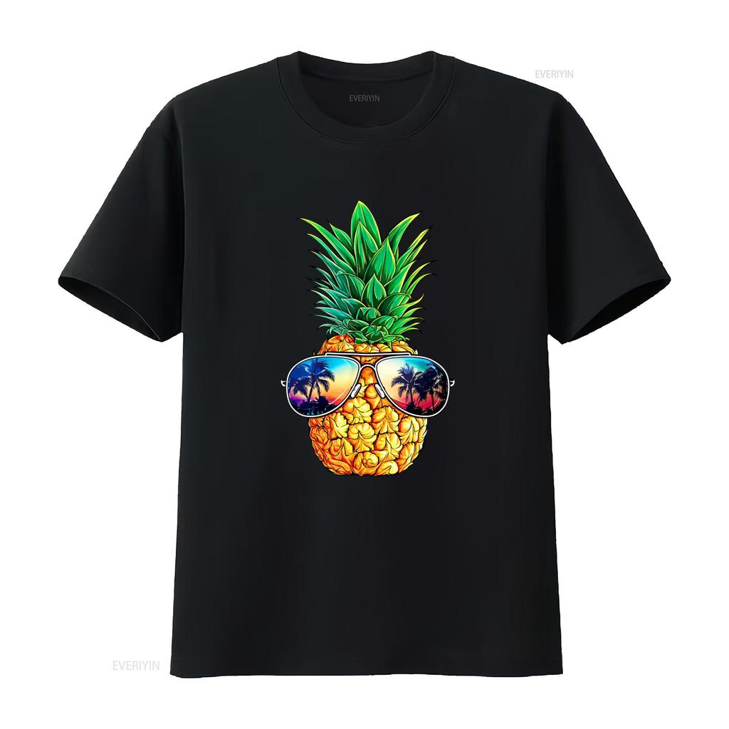 Fashion Pineapple Sunglasses T Shirt Aloha Beaches Hawaii Hawaiian Black Vintage Washed Streetwear Fashion Soft Casual Slightly