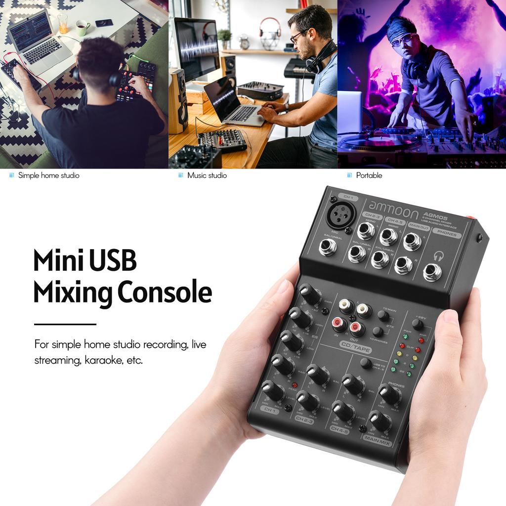 Ammoom AGM05 5-Channel Mini Mixer Mixing Console USB Audio Interface Plug-and-Play +48V Phantom