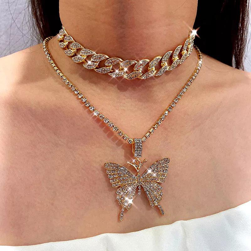 

Cuban Double-Layered Butterfly Necklace with Full Diamond Thick Chain Choker