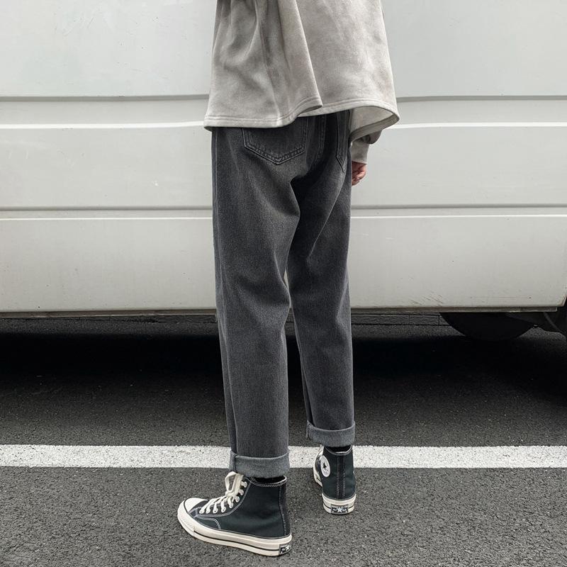 Straight denim pants, men's loose fitting wide leg pants, trendy brand retro washed trendy cropped casual pants