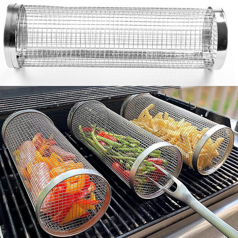 Edelstahl Grillrost Grillkäfig Camping Picknick Kochgeschirr Outdoor Runder BBQ Lagerfeuergrill Rollbarer Grillkorb