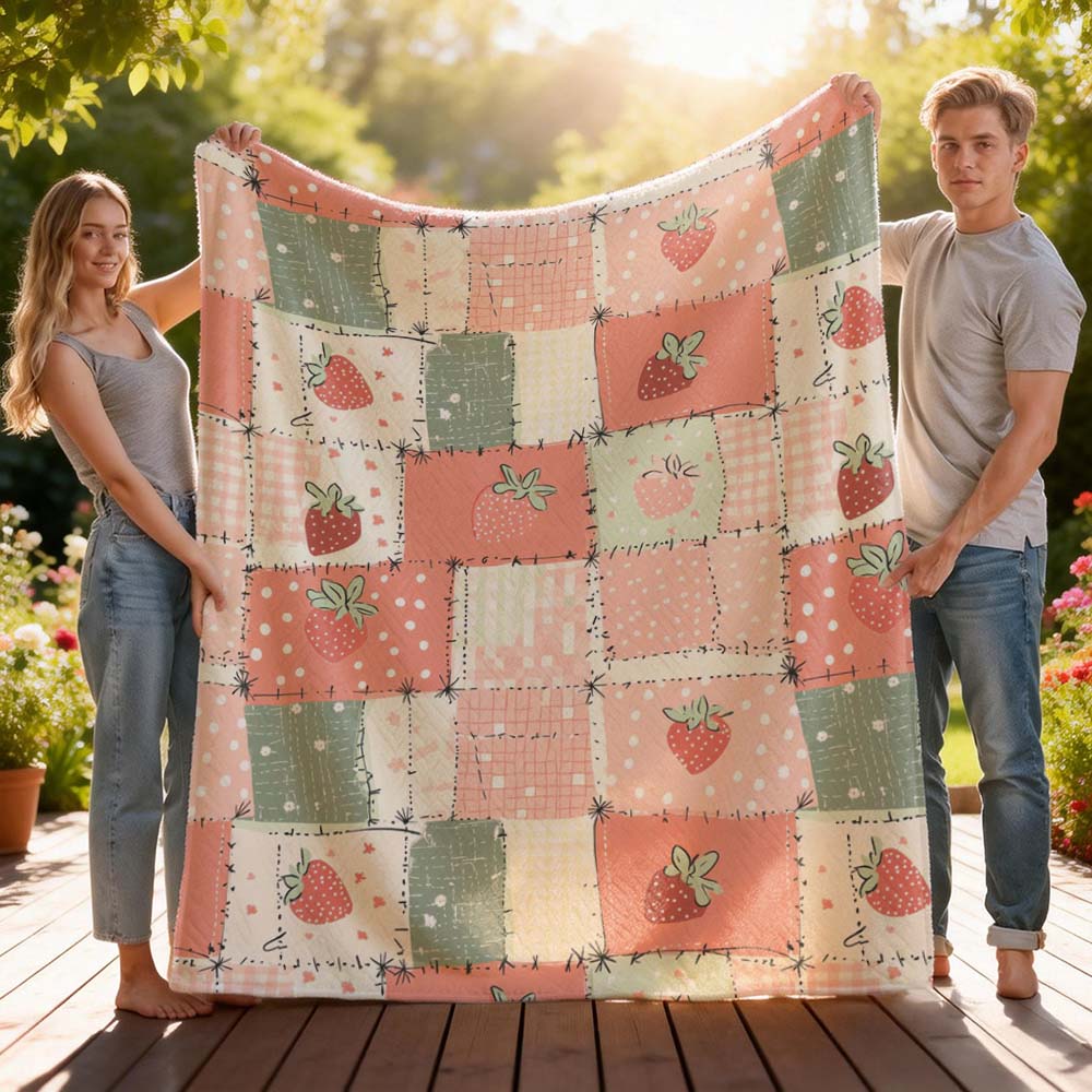 Jmg Household Supplies Unisex Coral 1Pc Vintage Strawberry Patchwork Quilted Throw Blanket Soft Cozy Cottagecore Blanket For Home Outdoor Living