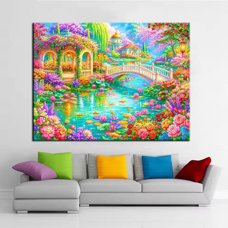 Beautiful Pond Lotus Flowers and Pavilion DIY Diamond Painting Kits New 2026 Full Square Round Diamond Mosaic Embroidery Cross Stitch Kits