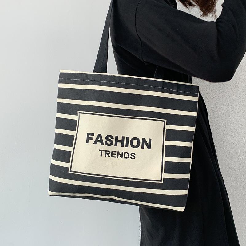 Striped Large Capacity Zipper Canvas Bag