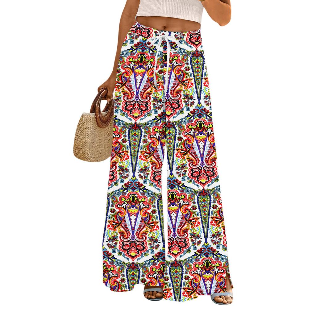 Women's Printed Wide Leg Pants With Pockets High Waist Drawstring Loose Casual Pants