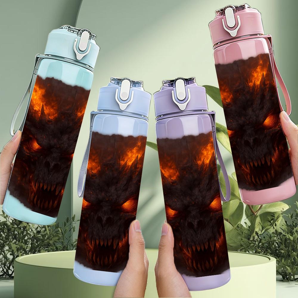 1PC Fiery Dark Demon Beast Fantasy Print 750ml Color Plastic Sports Water Bottle Leakproof Flip Straw Lid Suitable for Sports Office Home Use