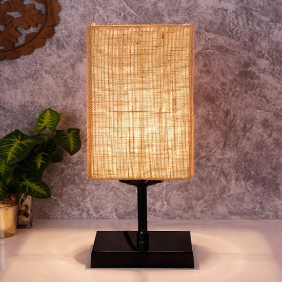 40.64 Cm Square Beige Jute Shade Table Lamp with Wood Base Bulb Not Included Home Décor Bedroom, Dining Room, Hotel Room, Living Room, Office