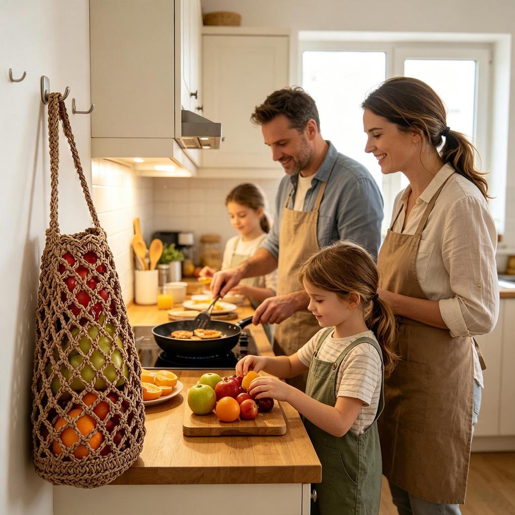 Hand Woven Boho Fruit & Vegetable Storage Bag Reusable Mesh Produce Bag Potato Onion Wall Hanging Holder for Farmhouse Kitchen