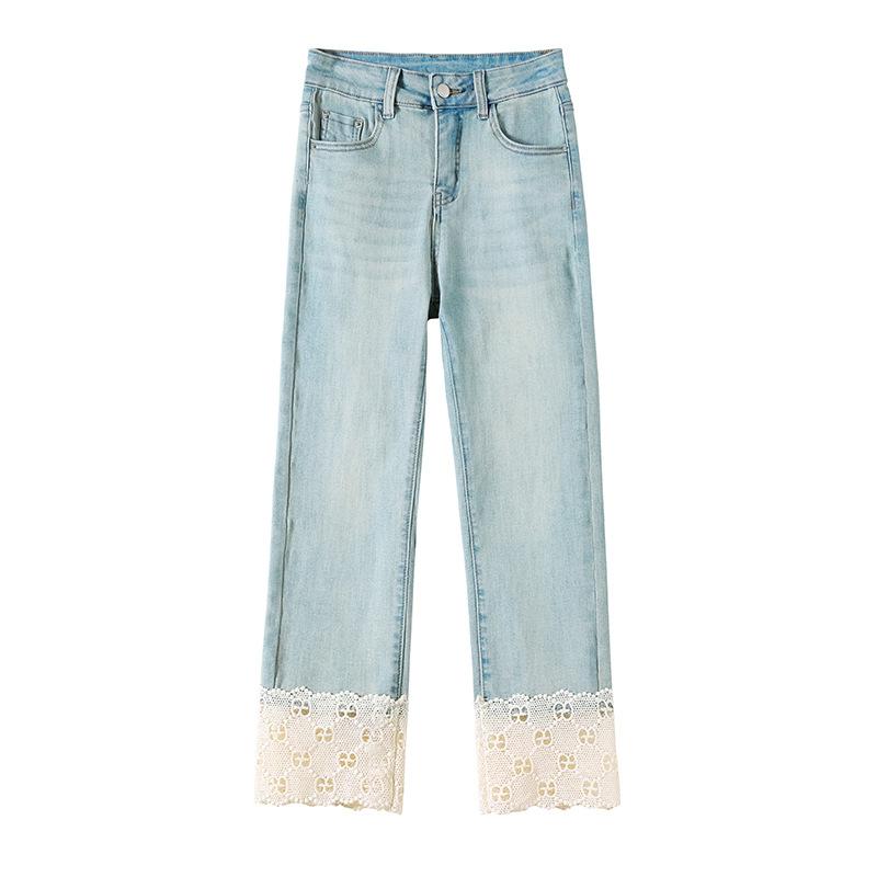 

GMXIA Джинсы женские прямые с кружевом, весенние, ретро, с высокой талией, тонкие, маленькие, с девятью багетами, брюки-сигареты M синий