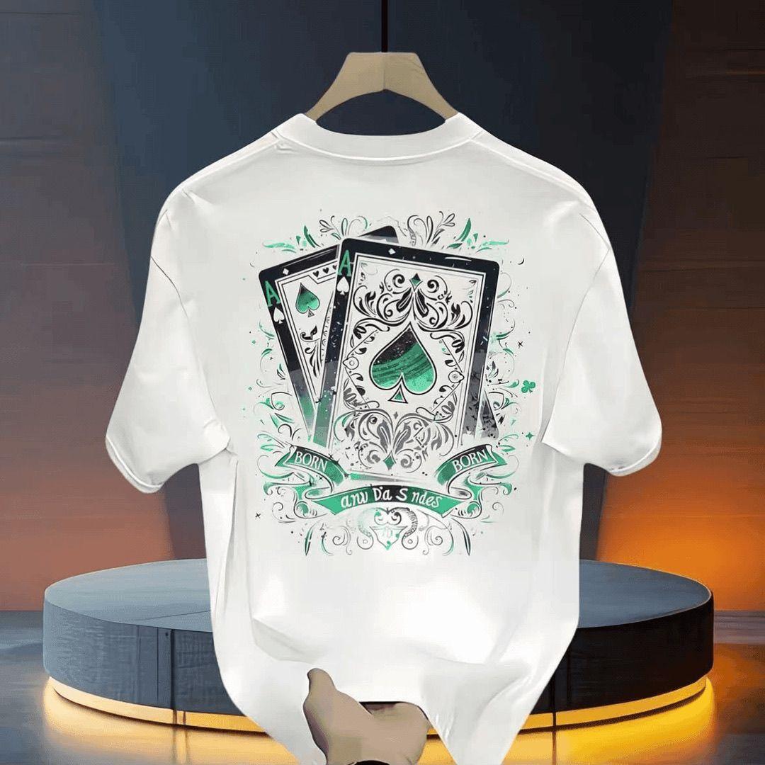 

2025 Men s New Summer Street Solid Color Playing Card Printing T-shirt Versatile Short-sleeved Crew Neck Pure Cotton Loose Top 4XL