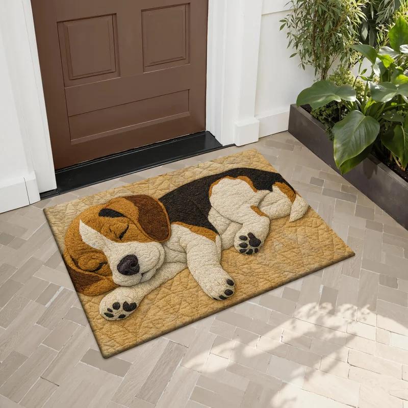 Cute 3D Sleeping Beagle Dog Print Doormat Non-Slip Dirt Trapper Washable Floor Mat for Entryway Dog Lovers