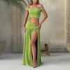 2025 Stylish European & American Women's One-Shoulder Crop Top and Slim-Fit Side Split Skirt Set