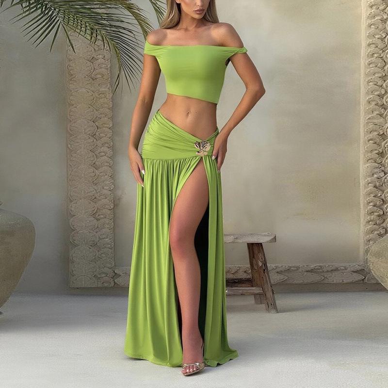 2025 Stylish European & American Women's One-Shoulder Crop Top and Slim-Fit Side Split Skirt Set
