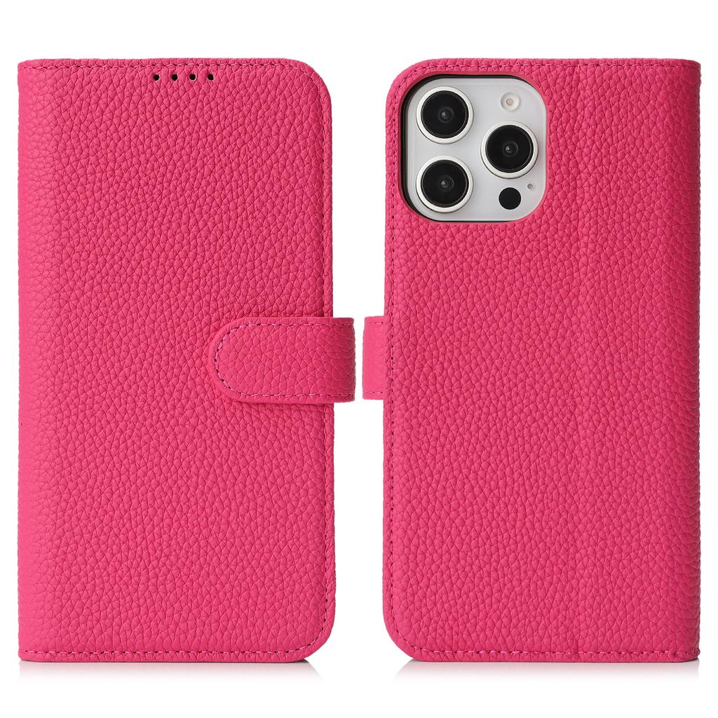 For iPhone 15 Pro Stand Case Litchi Texture Genuine Cow Leather Wallet Phone Cover RFID Blocking