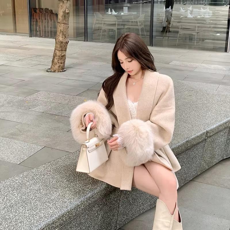 Long Sleeved Loose High-end Coat Medium Length Grey Tie Waist Collection Woolen Coat Women's Autumn Winter