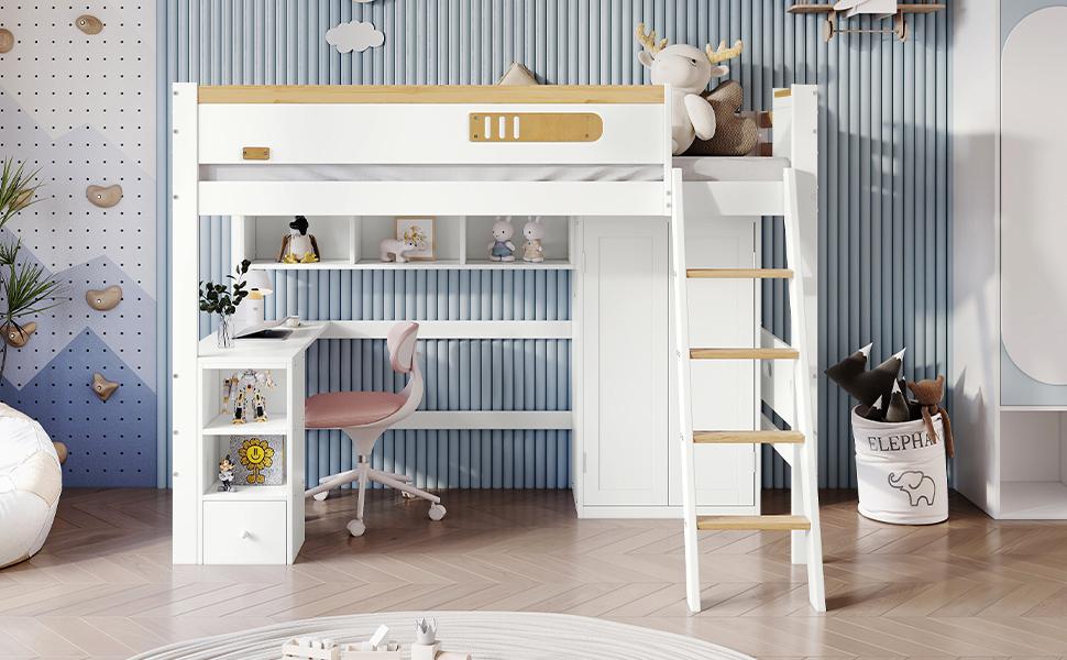 Bunk Bed, with Fall Protection Rail, with Table and Wardrobe, Ample Storage Space, with Four-Step Ladder, Pine+MDF+Plywood, White+Natural, 90x200cm