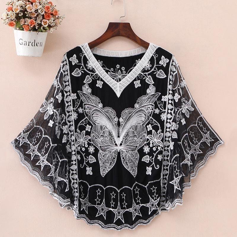 Besticktes Spitzen-Oversize-T-Shirt mit Glockenärmeln, Sonnenschutzkleidung, Bluse für Damen, Fledermausärmel-Bluse, Sommer