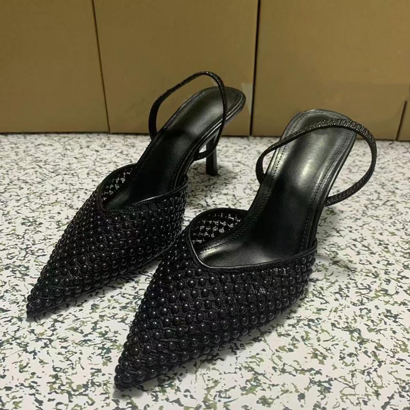 Fashion Brand Fashion Woven Mesh Beading Women Pumps Elegant Pointed Toe Chic Thin High Heels Summer Classic Slingback Office Lady Shoes