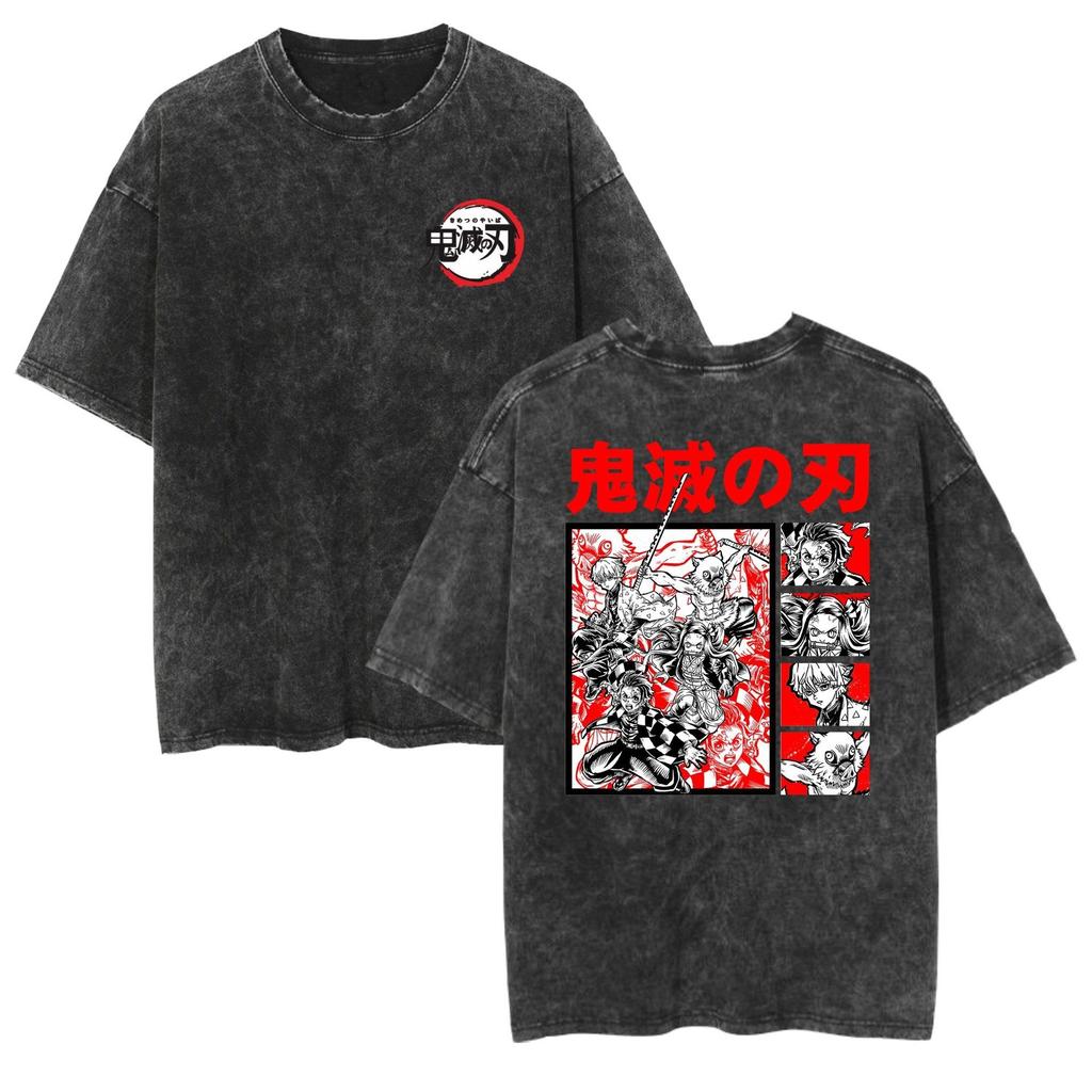 Ghost Slayer Retro Washed Anime Short Sleeve T-shirt with Printed Pattern for Daily Comfort