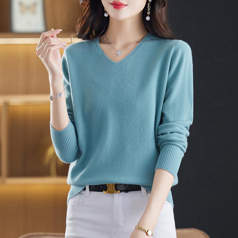 Women's Pure Wool V-Neck Pullover Sweater - Autumn/Winter Loose Casual Knit