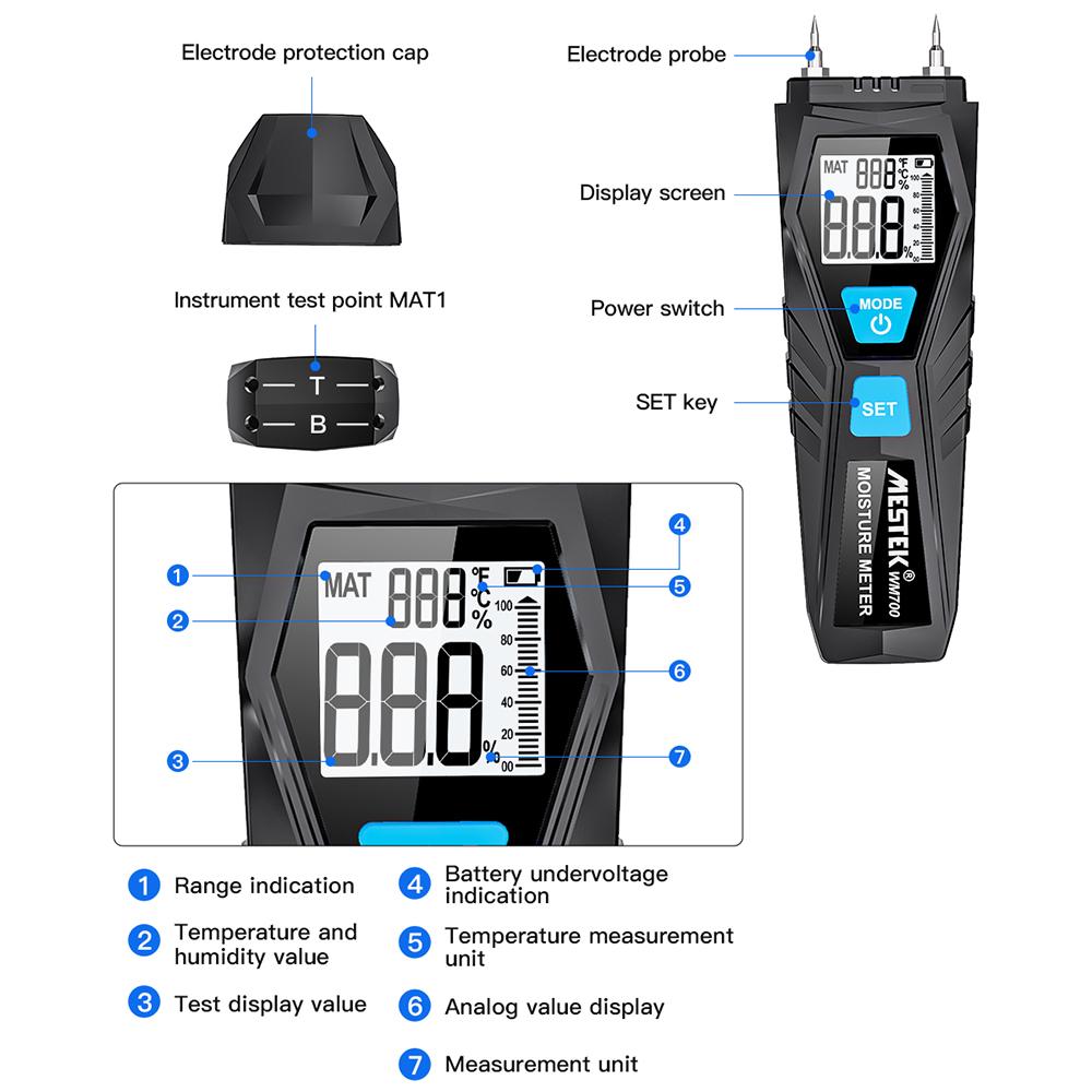 MESTEK WM700 Tester vlhkosti dreva Ručný Merač teploty a vlhkosti Mini LCD Digitálny Vlhkosť reziva