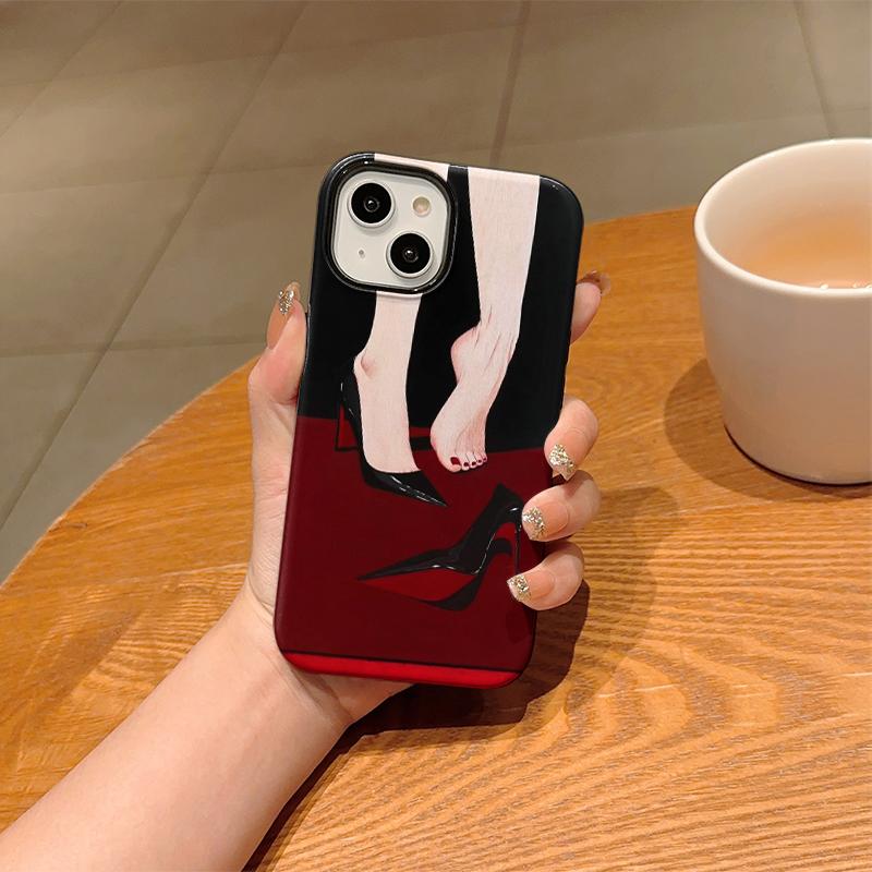 Elegant Minimal Black Red High Heels Stiletto Bare Foot Red Nail Art Film Aesthetic Protective Shockproof Bumper Case For iPhone 14 15 16 Pro Max Plus
