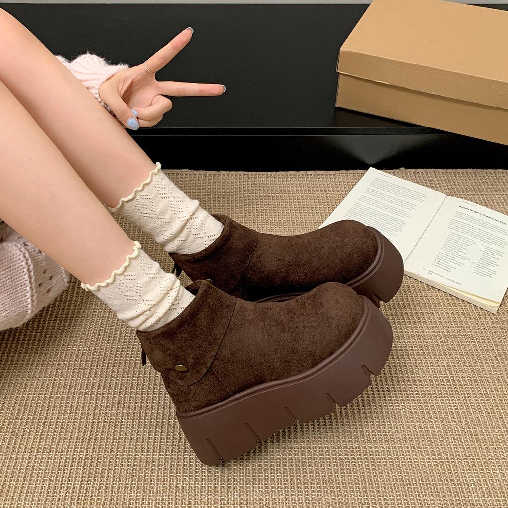 Vintage brown Maillard slim platform boots women's 2025 new autumn with skirt small height-increasing short boots