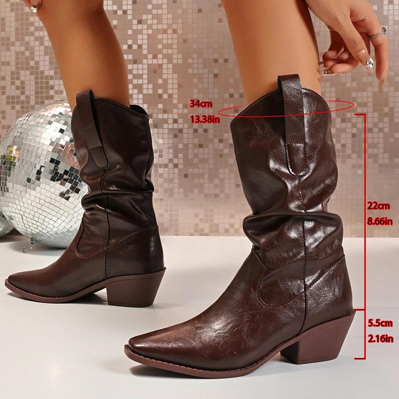 Vintage Pointed Toe Western Boots Women Autumn Pleat High Heels Mid Calf Boots Woman Plus Size 42 Pu Leather Cowgirl Botas