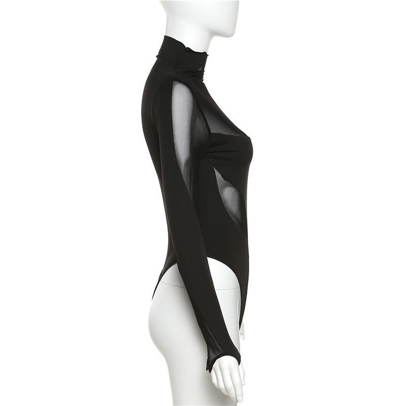 Mesh Splicing See Through Sexy Bodysuits Women Fashion Slim Long Sleeve Jumpsuit Women Playsuits Skinny Mesh Patchwork Vacation Skinny Rompers 24303