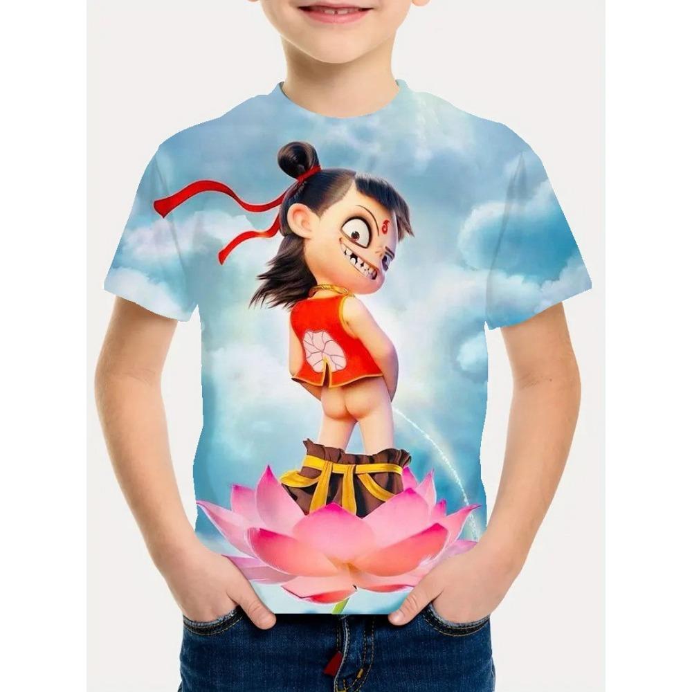 Children's Nezha Series 3D Digital Printed Boys' Fashionable and Comfortable Round Neck Short Sleeved T-shirt