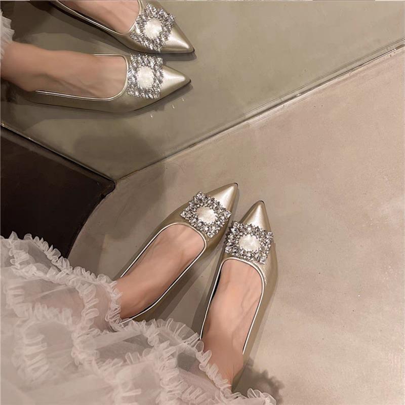 Rhinestone square buckle autumn new temperament commuting versatile beautiful and thin women's single shoes do not tire feet work shoes
