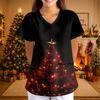 Women's Christmas Print Short Sleeve V-Neck Loose Fit Caregiver Uniform with Pockets