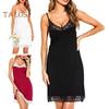 Damen Nachthemd mit Spitze, Spaghettiträger, V-Ausschnitt, Chemise, Nachtwäsche, Ganzunterkleid, Babydoll, Schlafkleid, Sommer, weiche Nachtwäsche