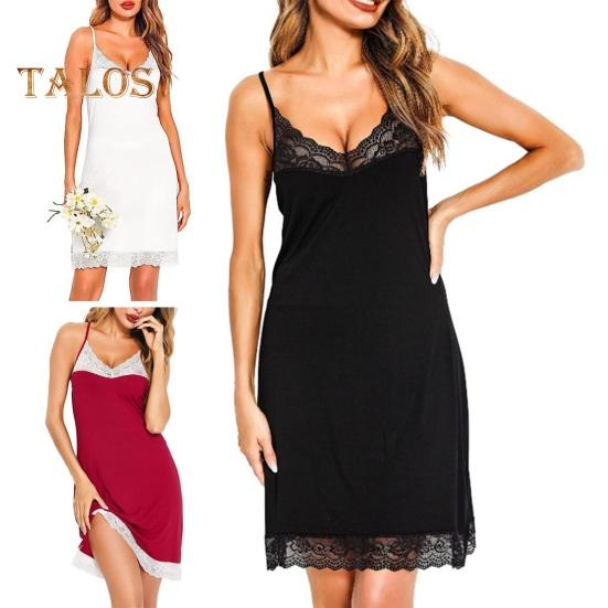 Damen Nachthemd mit Spitze, Spaghettiträger, V-Ausschnitt, Chemise, Nachtwäsche, Ganzunterkleid, Babydoll, Schlafkleid, Sommer, weiche Nachtwäsche