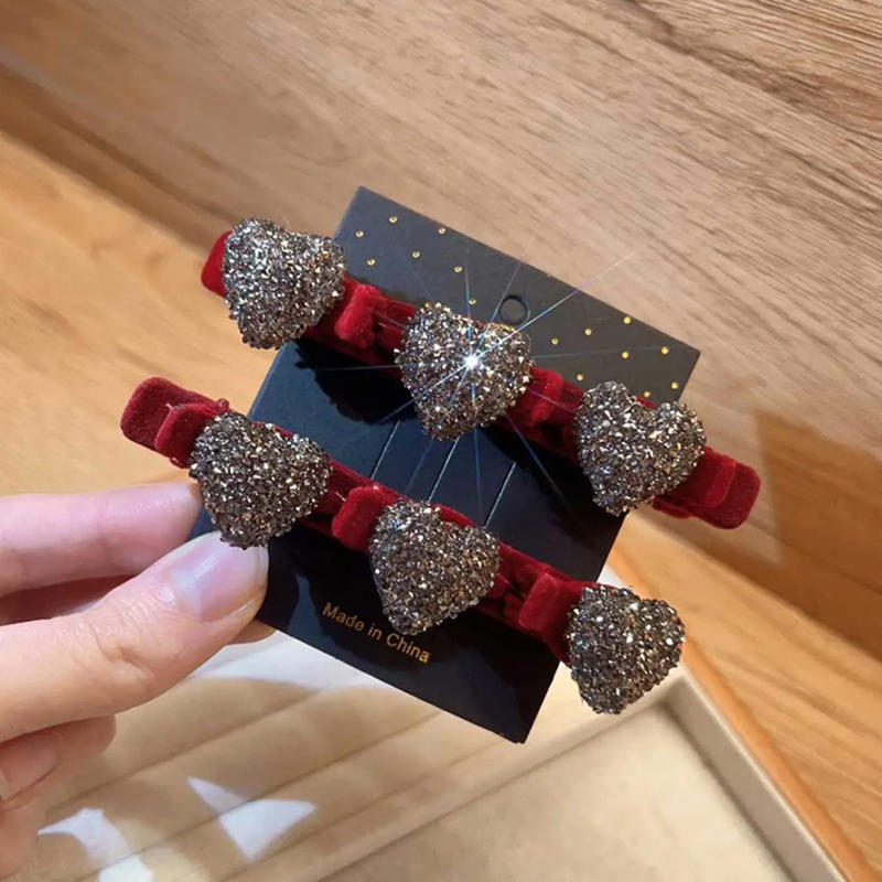Double Layer Flocked Bangs Side Clip Crystal Love Heart Hair Braiding Hairpins Women Girls Clip Bangs Barrettes Hair Accessories Forehead Bangs Clip