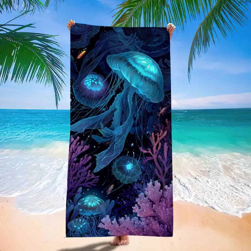 Glowing Blue Purple Jellyfish Coral Underwater Print Beach Towel Sandproof Quick Dry Towel for Beach Summer Holiday