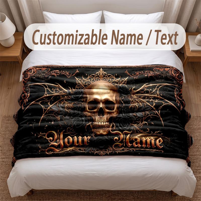 Skull Gothic Theme Soft Blanket Personalized Custom Name Text Print Warm Blanket Home Sofa Bedroom Decor
