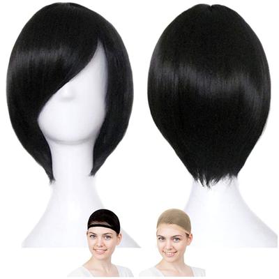 Case Eden Cosplay Perücke, Kurzer Bob, 30cm, Hitzebeständig, Schwarzes Haar, Inklusive 2 Perückenkappen