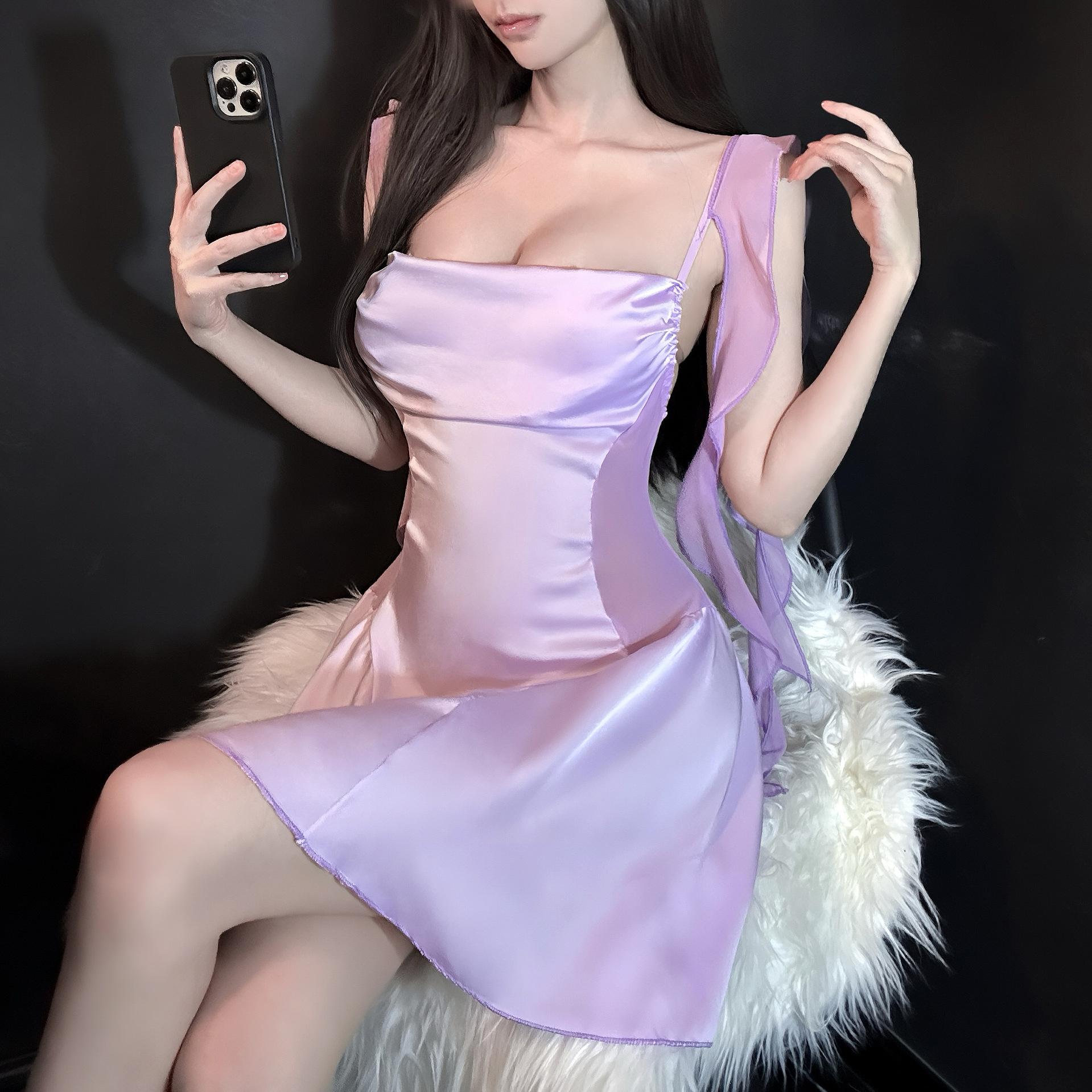 

Сексуальные наряды с нагрудными подушечками, сексуальная пижама высокого класса, подтяжки, ночная рубашка, тонкий воротник-стойка, воздержание, женский костюм. one size fits all фиолетовый