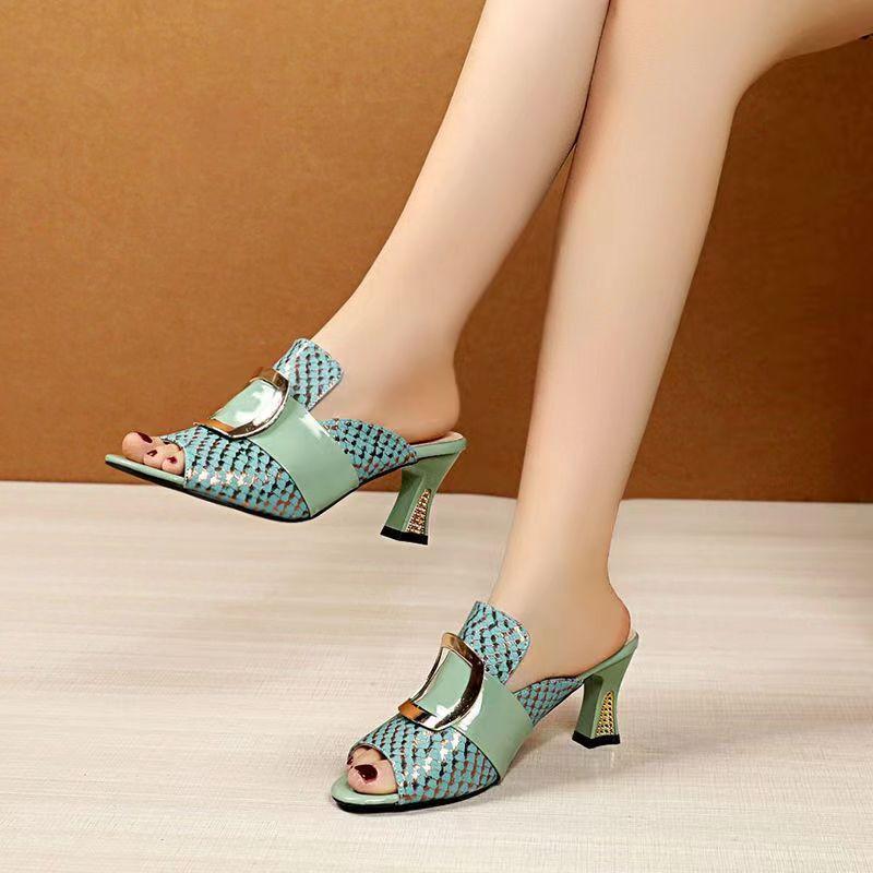 Summer Fashion Women Sandals Elegant Thick High Heels Slippers Comfortable Fish Mouth Casual Metal Buckle Slides Shoes 35-41