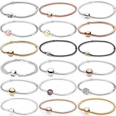 925 Sterling Silver Pav éSignature Bucket And Ball Buckle Snake Chain Bracelet For Pan 'S Charm Fashionable Diy Jewelry