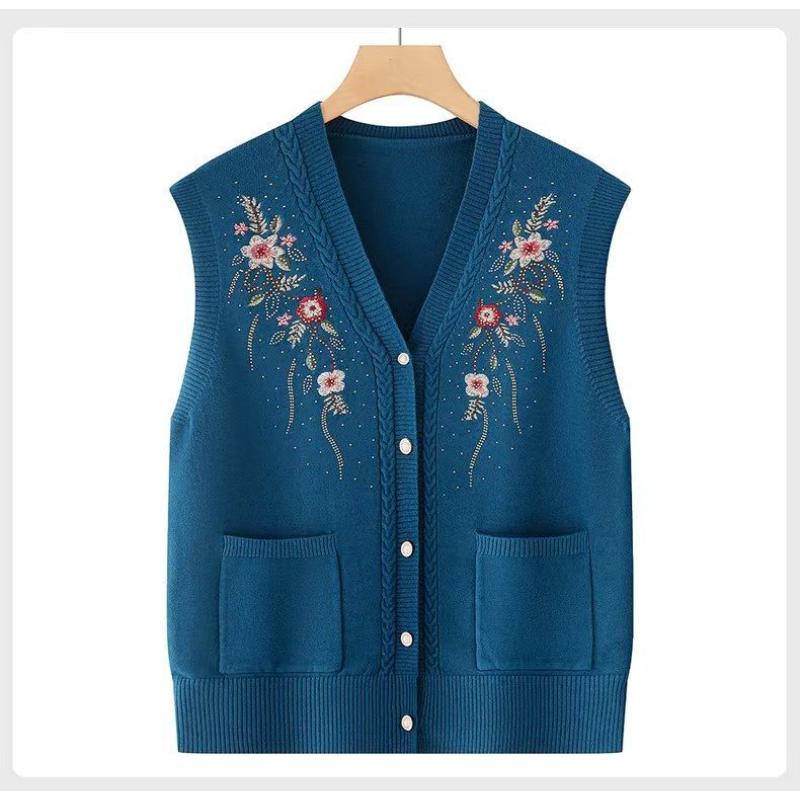 Knitted Cardigan Vest Horse Clip Plant Floral Embroidery Casual Top