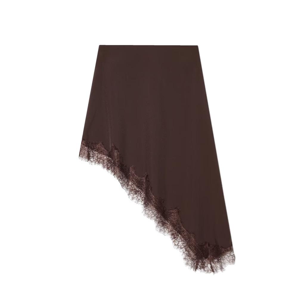 PB&ZA Женская повседневная мини-юбка с кружевной отделкой, асимметричная, со средней посадкой - Зимняя коллекция Small темно-коричневого