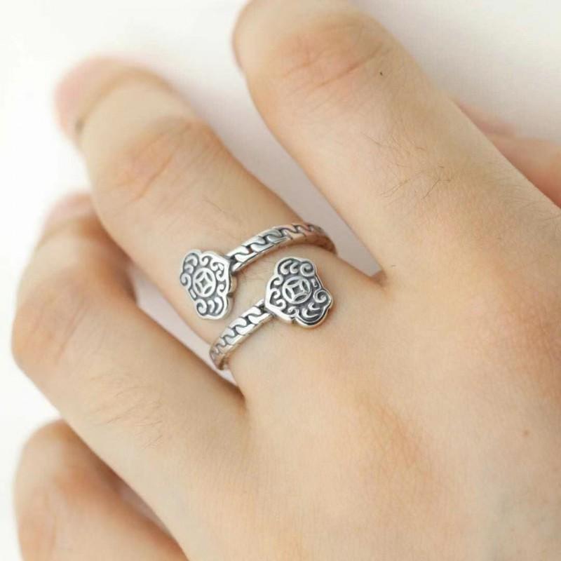 Adjustable Open Ring Women Men Sterling Lock Design Boho Ethnic Style Finger
