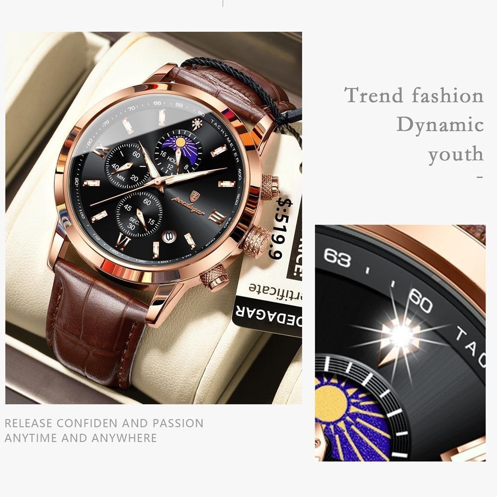 POEDAGAR Original Business Men's Wristwatch Chronograph Date Luminous Waterproof Man Watch Leather Luxury Quartz Watches For Men