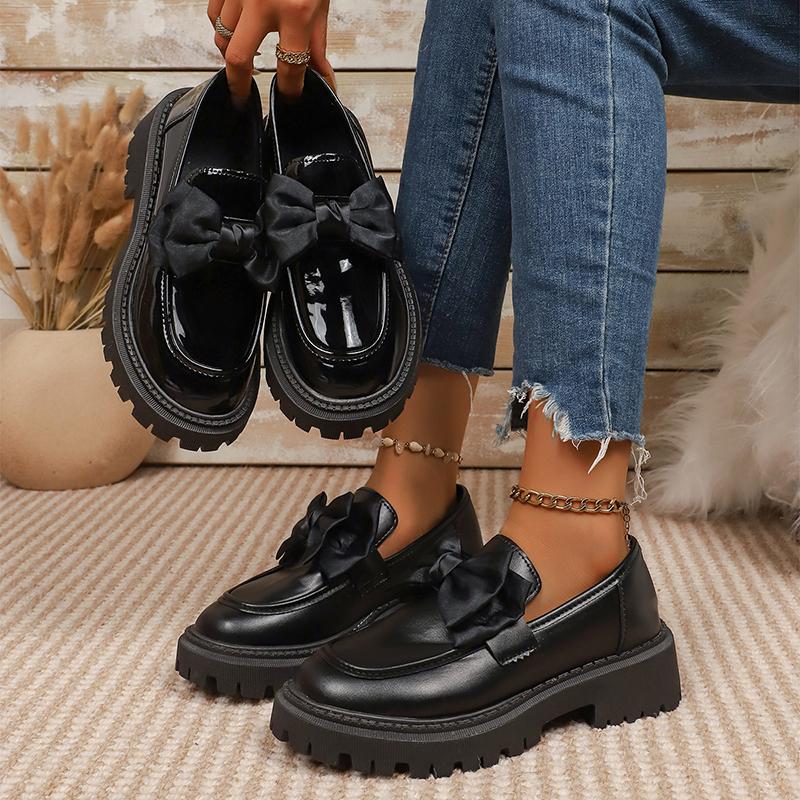 Fashion Fashion Bowknot Penny Loafers for Women 2025 New Patent Leather Slip On Casual Shoes Woman Thick Sole Non Slip Black Work Shoes