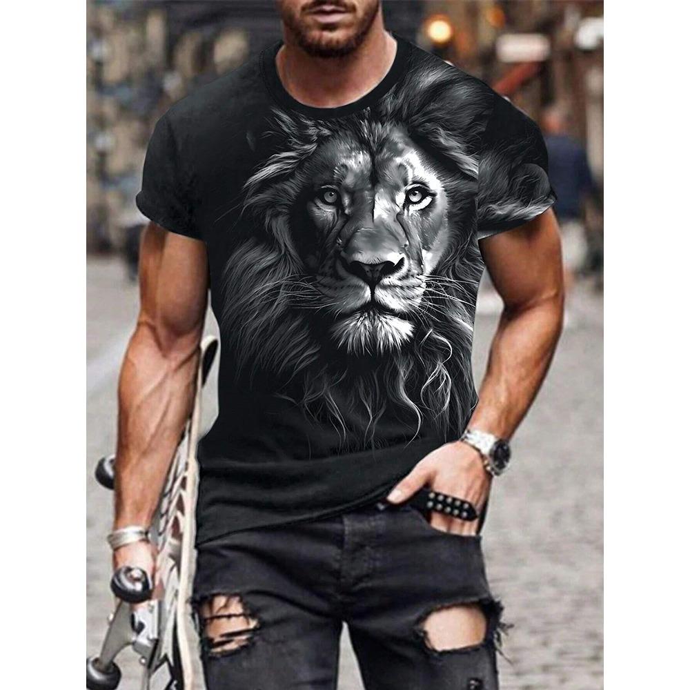 Nowy Letni Outdoorowy Casualowy Męski T-shirt Codzienny Uliczny Męski Top z Krótkim Rękawem Nadruk Lwa Męski T-shirt Sportowy Modny T-shirt