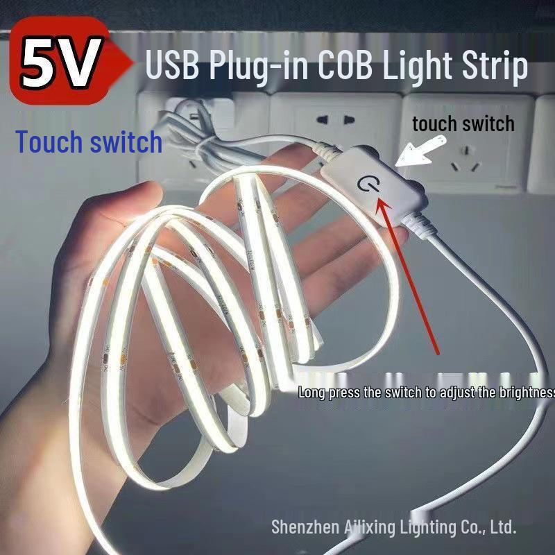 USB Plug-in Touch Switch Dimmable LED Strip Light, Flexible 5V Self-Adhesive, 320 COB LEDs