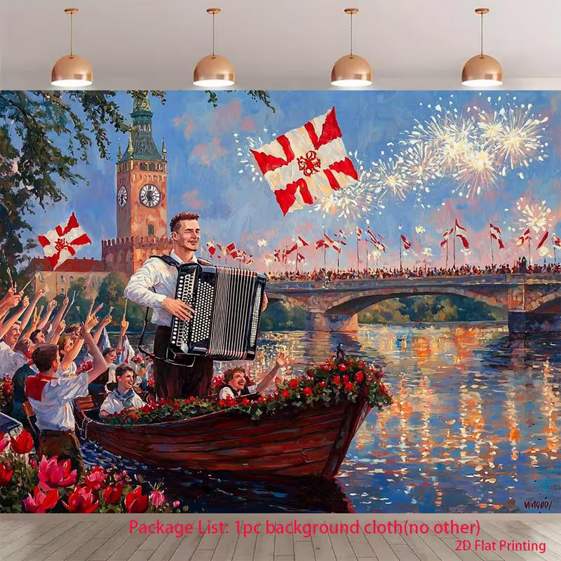 

2D Artistic Festival Backdrop 2D Accordion Player Boat with Flags Fireworks Photo Background for Themed Shoot 47.2x31.5inch/120*80cm