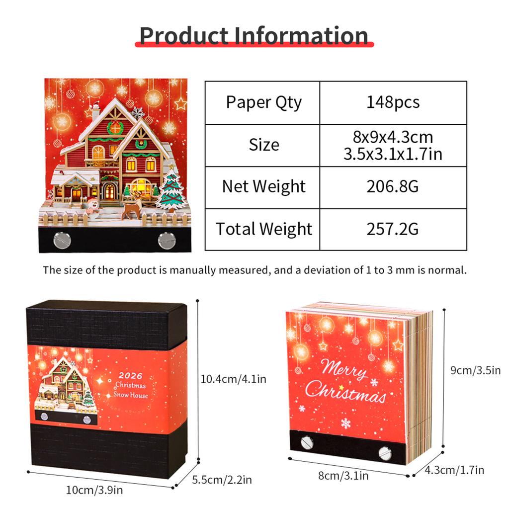 Schreibtisch-Uhr Kalender 2026 Schreibtischkalender Mit Licht 3D Abreißkalender Papier Schnitzkunst Notizblock Notizbuch Weihnachten